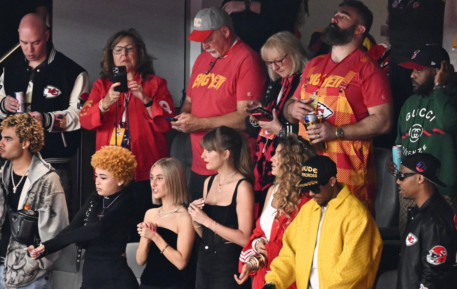 Ed Kelce, Donna Kelce, Taylor Swift, Blake Lively and Ice Spice at February 2024 NFL game