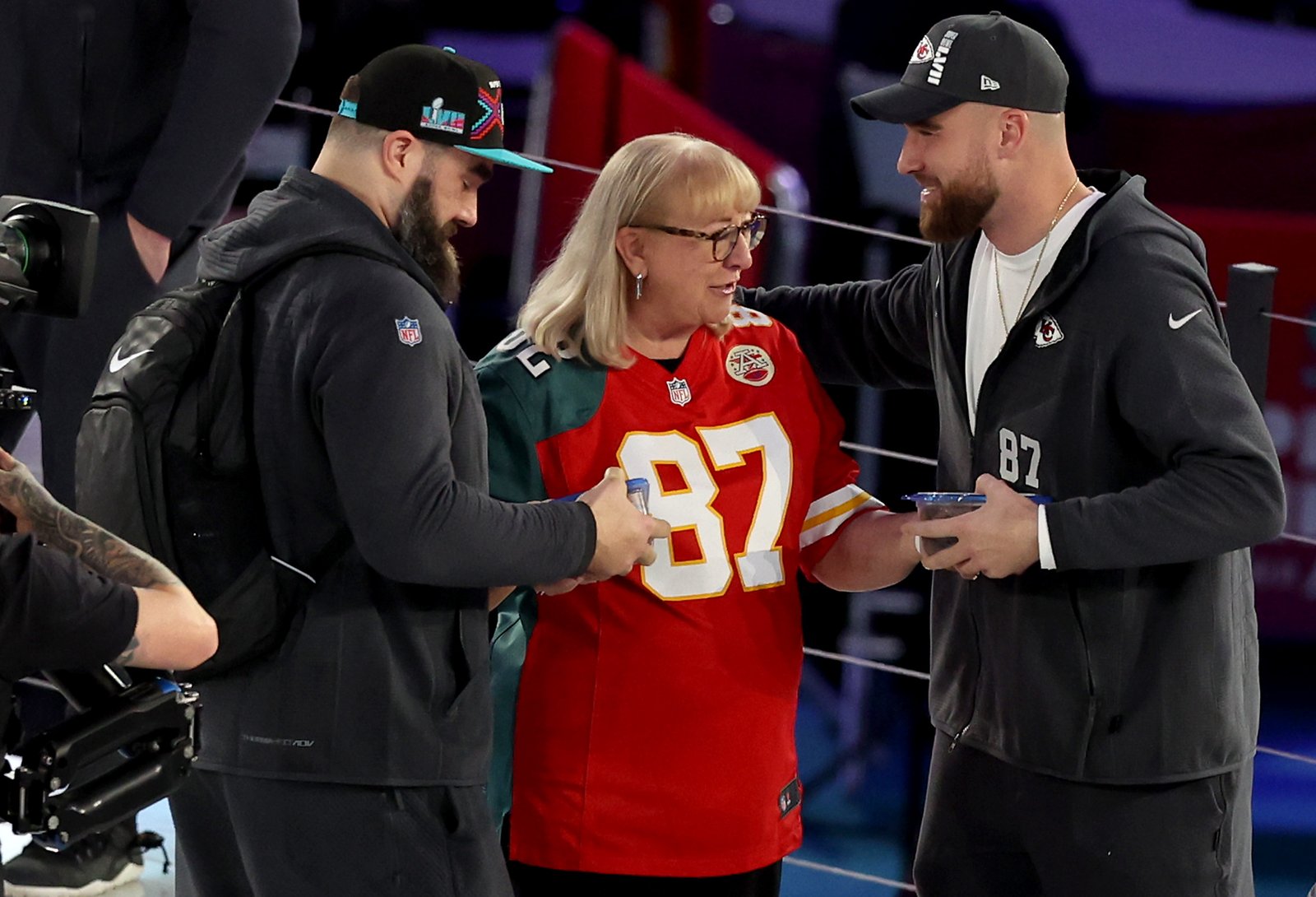 Donna Kelce, Jason Kelce and Travis Kelce in February 2023